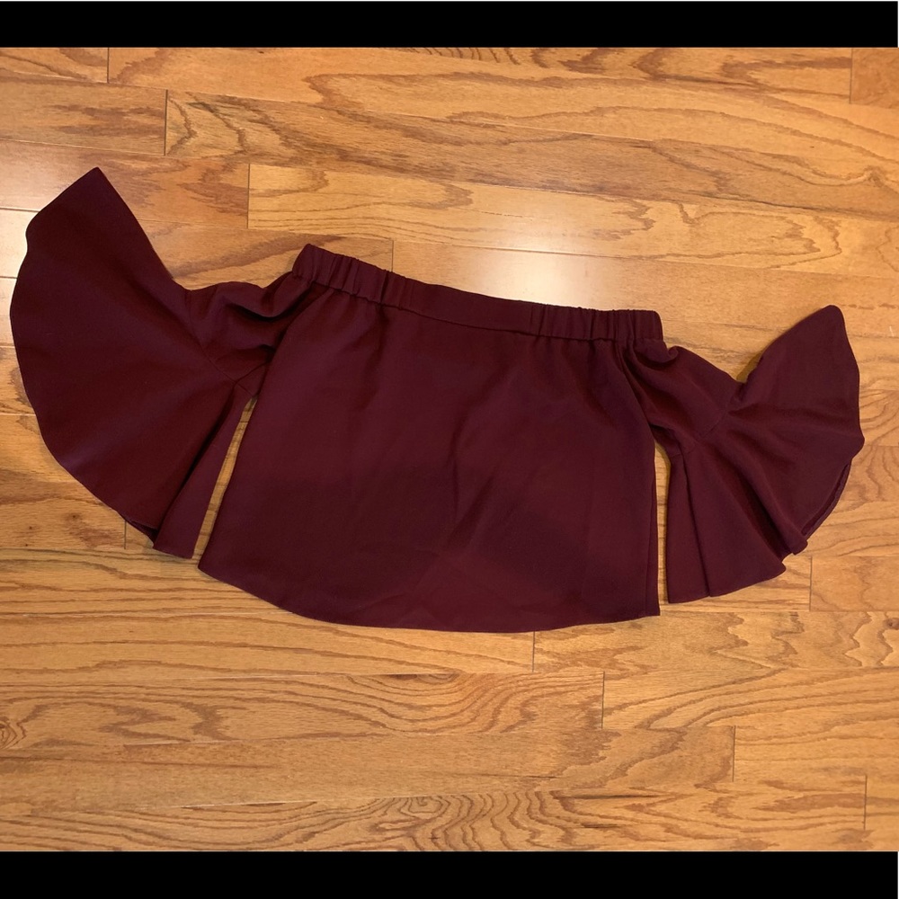 Topshop, maroon/burgundy off the shoulder bell sleeve top